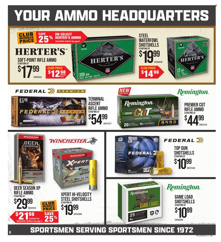 thumbnail - Cabela's Flyer - 08/08/2024 - 08/28/2024 - Sales products - Remington, rifle ammo, ammo. Page 8.