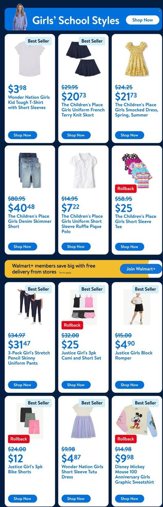 thumbnail - Walmart Flyer - 08/07/2024 - 08/13/2024 - Sales products - Disney, Mickey Mouse, pants, pencil, Denim, shorts, bike shorts, skort, dress, t-shirt, sweatshirt. Page 8.