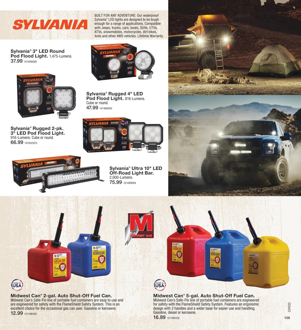 thumbnail - Fleet Farm Flyer - 08/08/2024 - 11/27/2024 - Sales products - safe, container, Sylvania, LED light, floodlight, kerosene. Page 109.