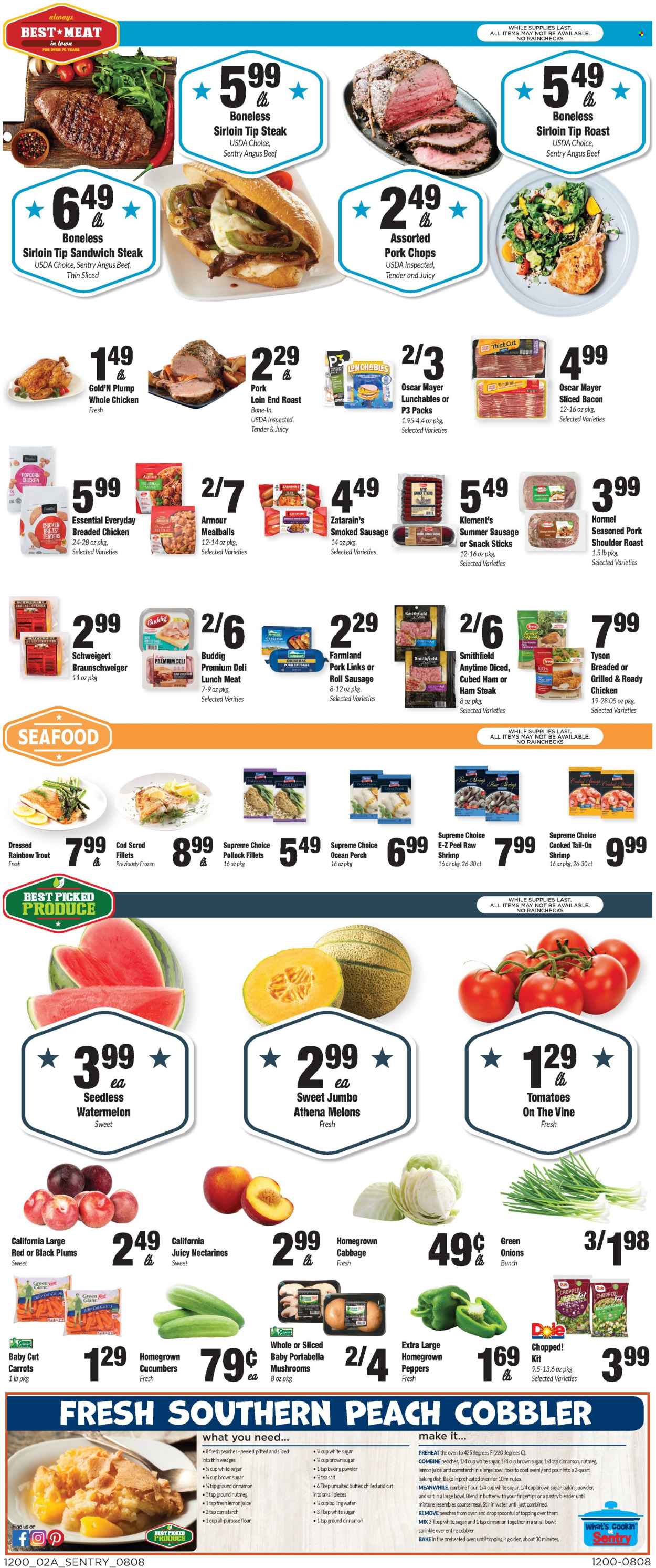 thumbnail - Sentry Foods Flyer - 08/08/2024 - 08/14/2024 - Sales products - portobello mushrooms, mushrooms, cabbage, carrots, cucumber, Dole, peppers, green onion, avocado, nectarines, plums, red plums, melons, black plums, peaches, cod, fish fillets, trout, pollock, perch, seafood, shrimps, pork roast, chicken roast, chicken tenders, meatballs, sandwich, snack, chicken bites, chicken strips, Lunchables, Hormel, roast, ready meal, breaded chicken, bacon, ham, Oscar Mayer, sausage, smoked sausage, summer sausage, pork sausage, lunch meat, ham steaks, strips, all purpose flour, baking powder, cane sugar, cornstarch, flour, topping, nutmeg, cinnamon, lemon juice, whole chicken, beef meat, beef steak, steak, pork chops, pork loin. Page 2.