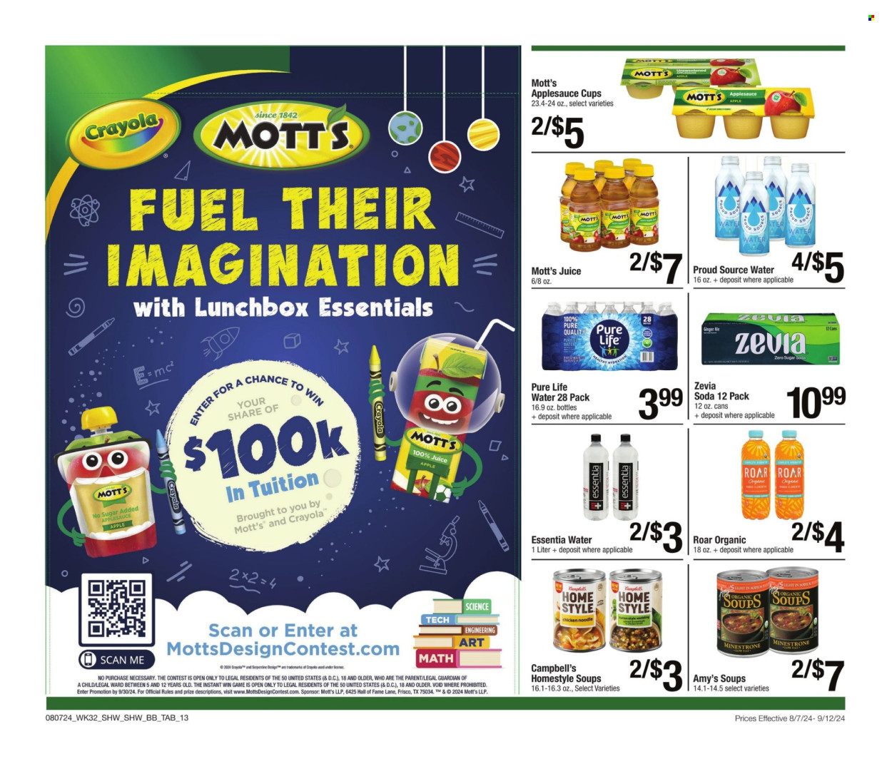 thumbnail - Shaw’s Flyer - 08/07/2024 - 09/12/2024 - Sales products - Mott's, Campbell's, soup, noodles, sauce, apple sauce, ginger ale, juice, bottled water, purified water, Pure Life Water, water, Frisco, meal box, crayons. Page 13.