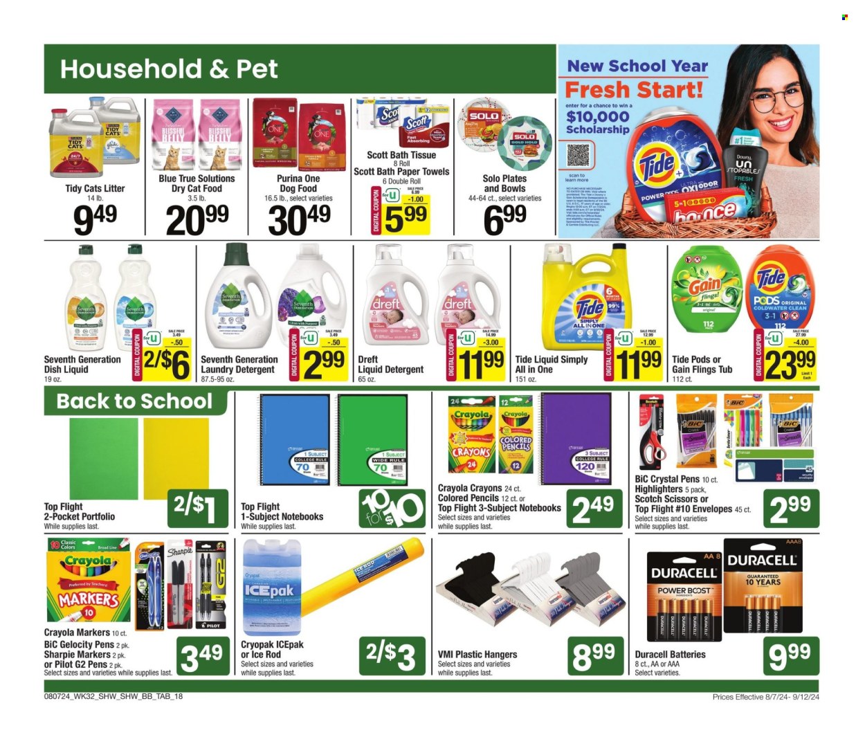 thumbnail - Shaw’s Flyer - 08/07/2024 - 09/12/2024 - Sales products - bath tissue, Scott, kitchen towels, paper towels, detergent, Gain, Tide, liquid detergent, laundry detergent, dishwashing liquid, hanger, plate, bowl, pen, scissors, envelope, marker, wax crayons, pencil, Pilot, Sharpie, highlighters, spiral notebook, colored pencil, Glade, battery, Duracell, animal food, cat food, dog food, Purina, dry cat food. Page 18.