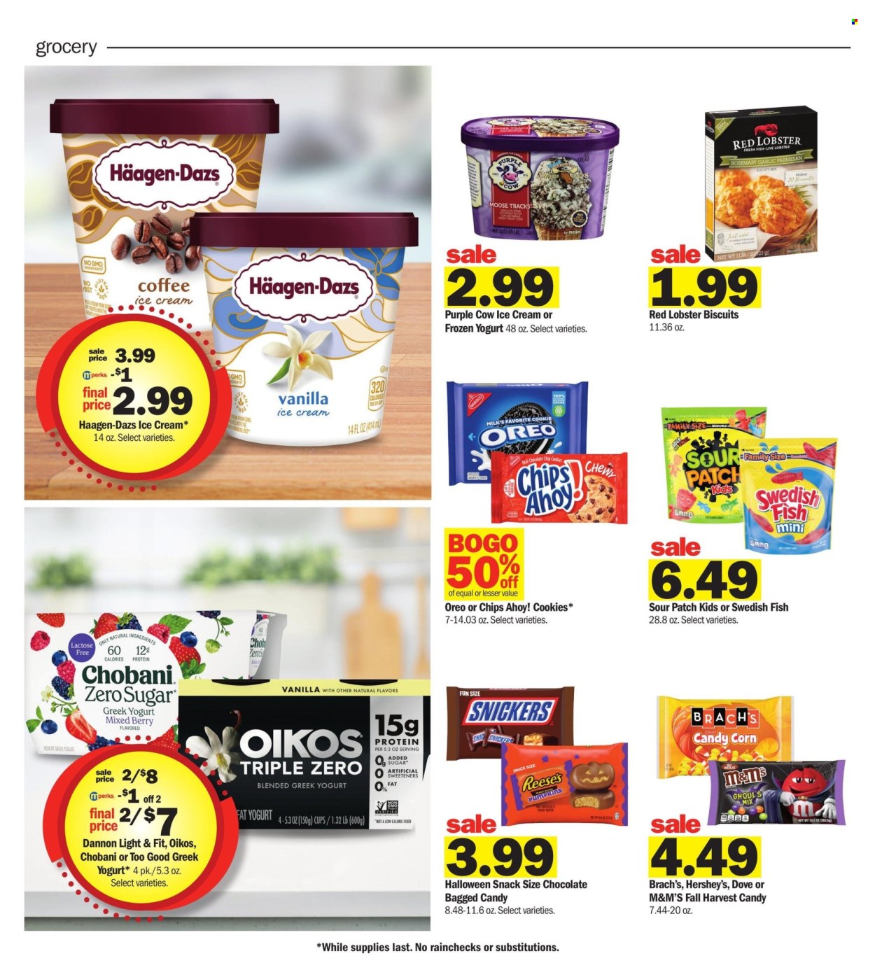 thumbnail - Meijer Flyer - 08/11/2024 - 08/17/2024 - Sales products - Dove, Hershey's, M&M's, Candy, sweets, biscuit, chocolate, Halloween, ice cream, frozen yoghurt, greek yoghurt, yoghurt, Oikos, Chobani, Dannon, Oreo, cookies, Chips Ahoy!, Sour Patch. Page 11.