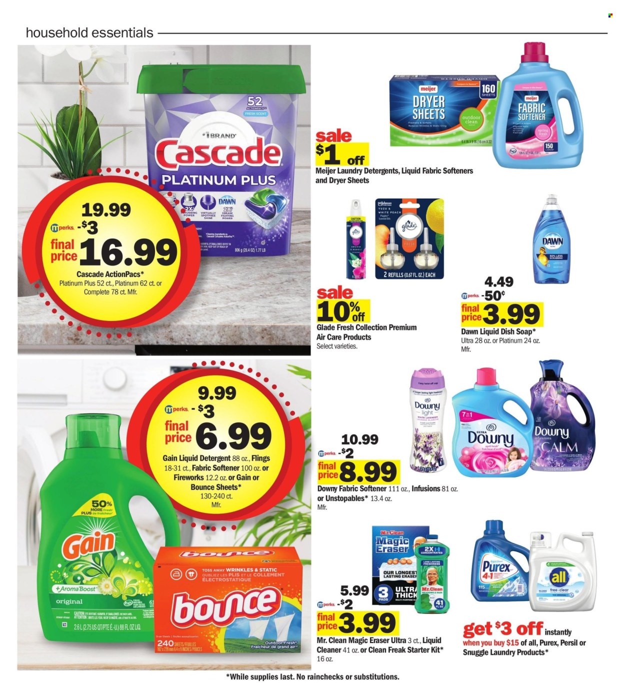 thumbnail - Meijer Flyer - 08/11/2024 - 08/17/2024 - Sales products - Unstopables, fabric softener, Downy Laundry, Snuggle, Persil, laundry detergent, Purex, air freshener, Glade, cleaner, liquid cleaner, Cascade, dishwasher tablets, detergent, Gain, liquid detergent, Bounce, dryer sheets, dishwashing liquid. Page 21.