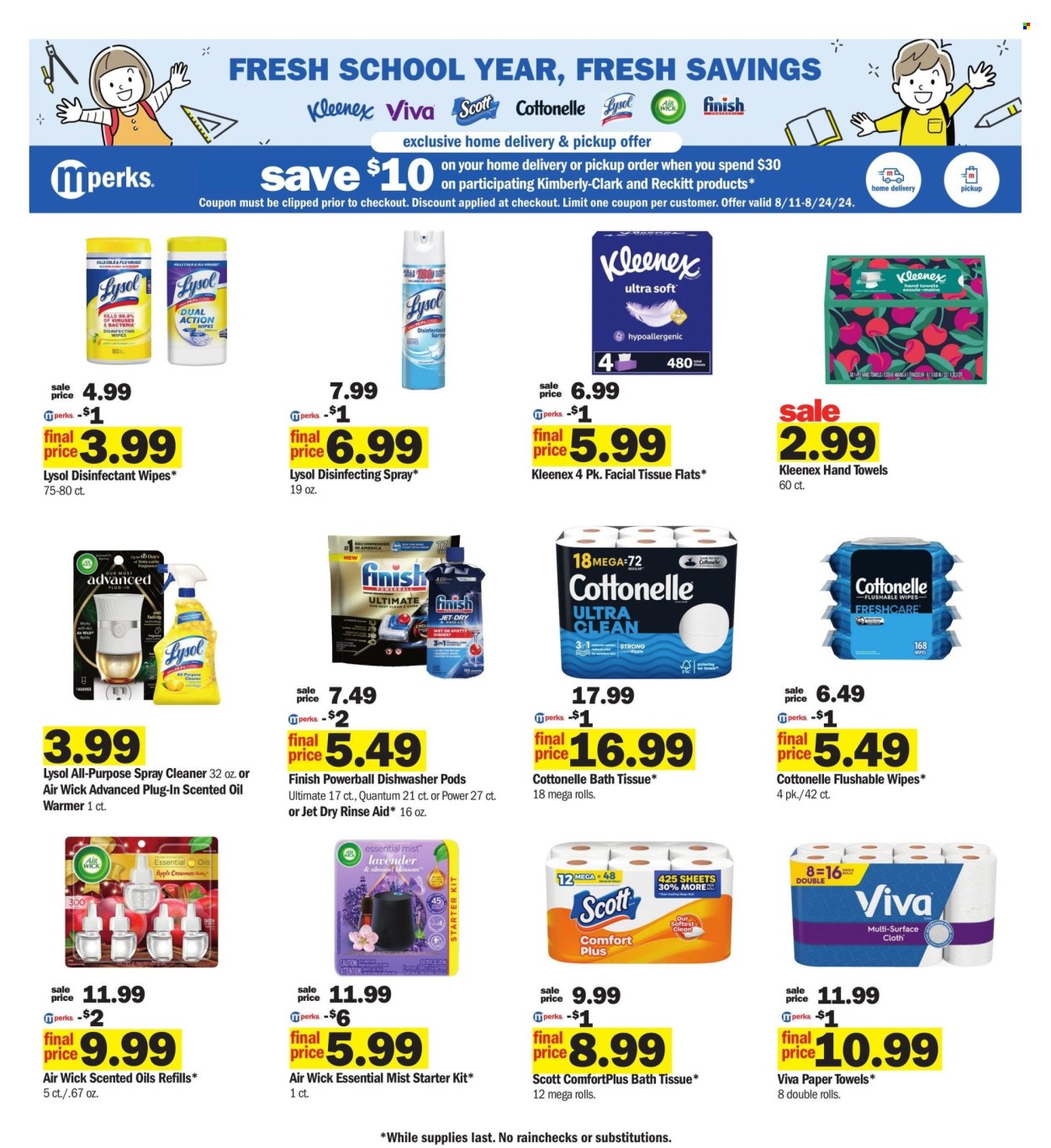 thumbnail - Meijer Flyer - 08/11/2024 - 08/17/2024 - Sales products - wipes, Cottonelle, Kleenex, hand towel, Scott, bath tissue, toilet paper, kitchen towels, paper towels, Finish Powerball, Jet, dishwasher tablets, Lysol, tissues, facial tissues, antibacterial spray, cleaner, air freshener, Air Wick. Page 27.