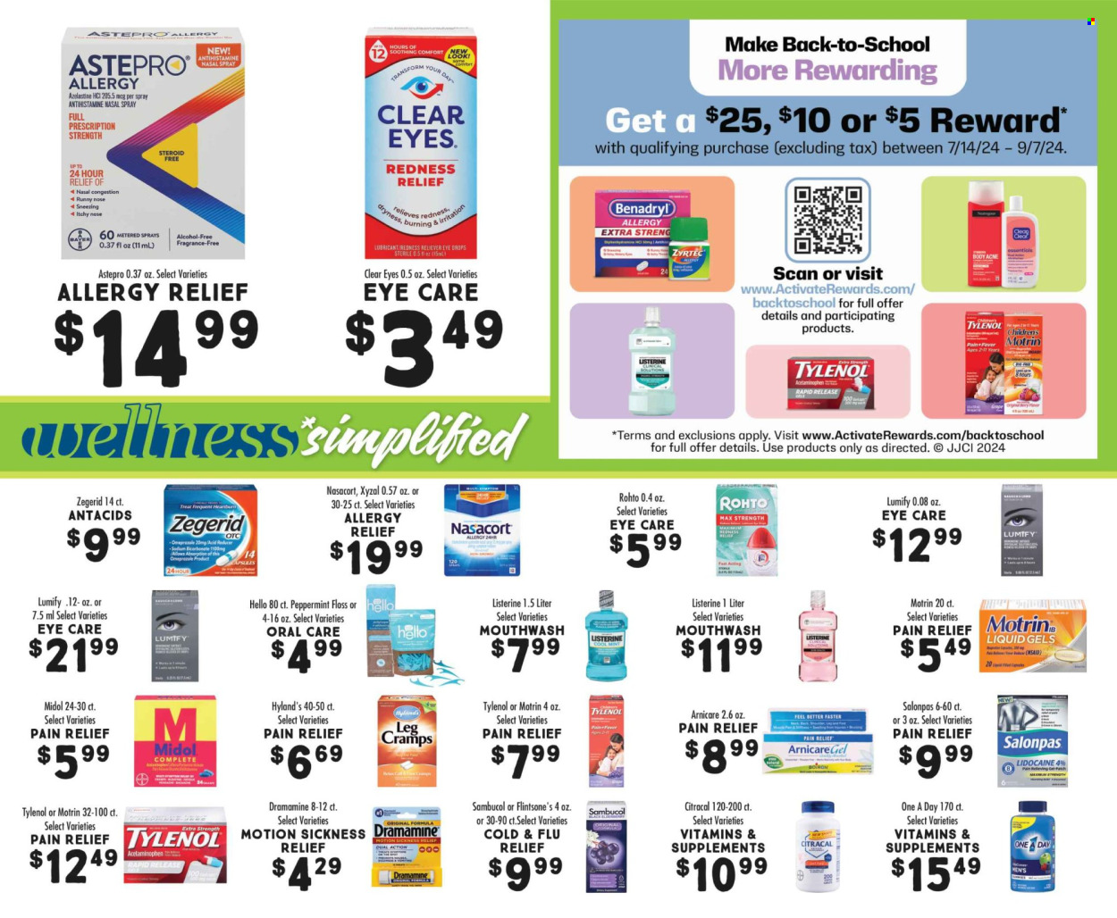 thumbnail - Fresh Market Flyer - 08/07/2024 - 09/03/2024 - Sales products - Listerine, mouthwash, fragrance, lubricant, Cold & Flu, Tylenol, Zyrtec, pain relief, Lumify, eye drops, Antacid, Sambucol, Bayer, nasal spray, allergy relief, dietary supplement, Motrin, Benadryl, allergy control, pain therapy, vitamins. Page 14.