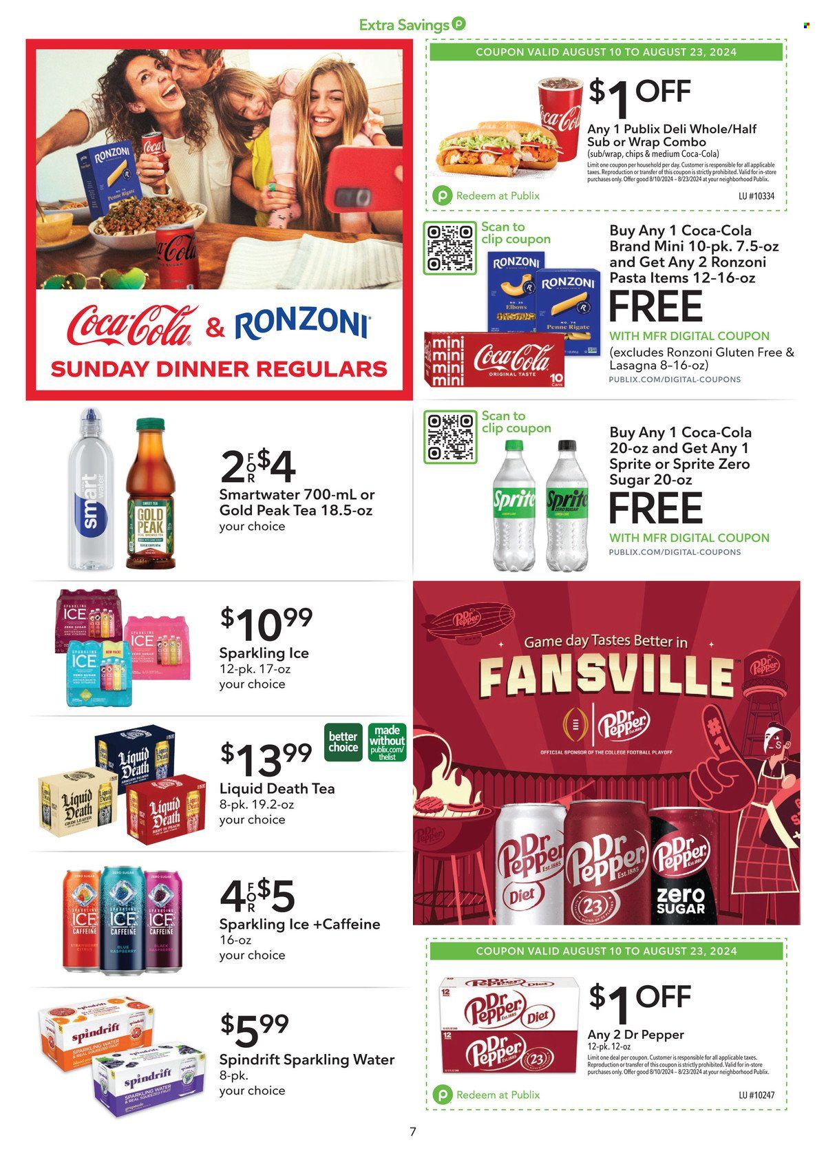 thumbnail - Publix Flyer - 08/10/2024 - 08/23/2024 - Sales products - pasta, lasagna meal, chips, penne, Sprite, ice tea, Dr. Pepper, soft drink, Gold Peak Tea, Spindrift, flavored water, sparkling water, bottled water, Smartwater, water, carbonated soft drink. Page 7.