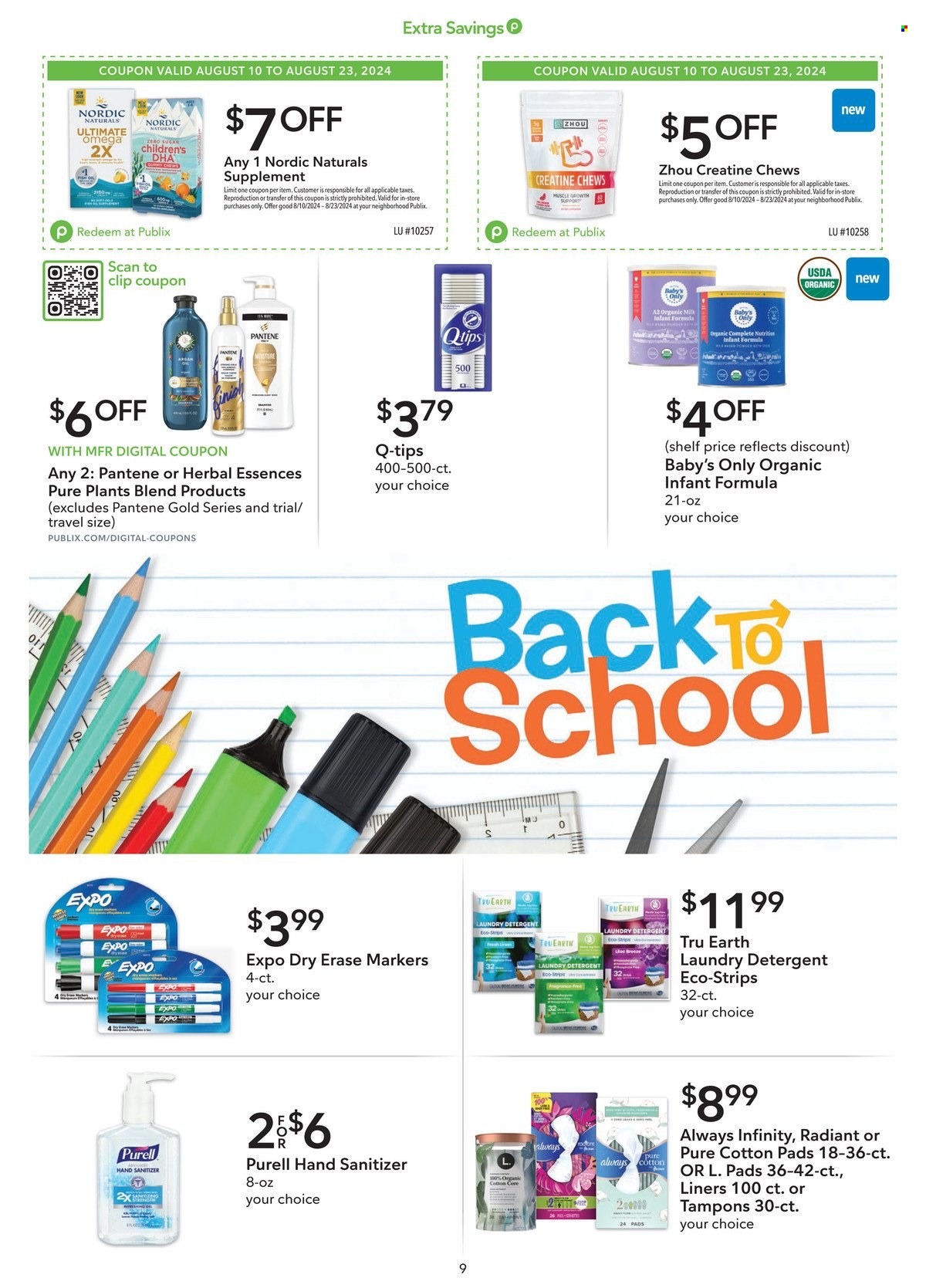 thumbnail - Publix Flyer - 08/10/2024 - 08/23/2024 - Sales products - organic milk, chewing gum, cotton ear buds, cotton pads, pads, detergent, laundry detergent, hair products, Always pads, tampons, Always Infinity, Pantene, Herbal Essences, hand sanitizer. Page 9.