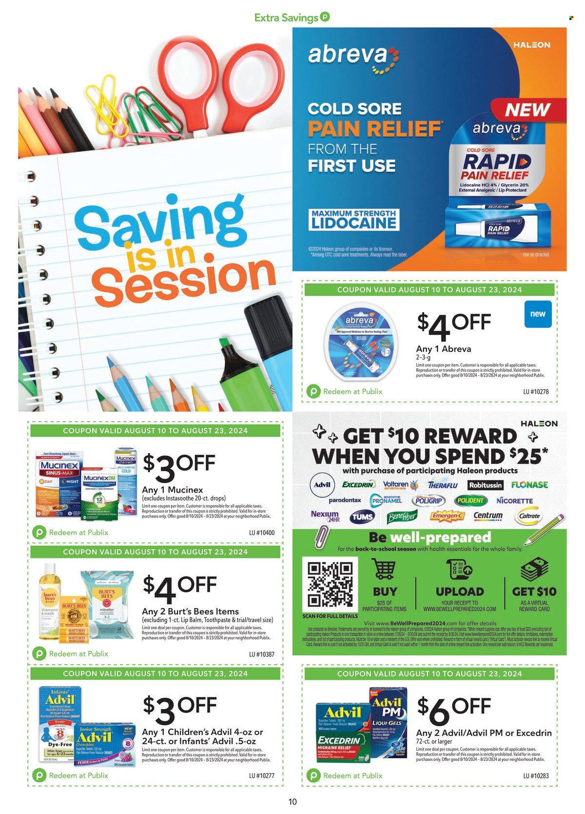 thumbnail - Publix Flyer - 08/10/2024 - 08/23/2024 - Sales products - shampoo, toothpaste, Sensodyne, Polident, Parodontax, Abreva, lip balm, Excedrin, Mucinex, Nicorette, nicotine therapy, Robitussin, Theraflu, pain relief, Nexium, Advil Rapid, Emergen-C, Antacid, Centrum, dietary supplement, Voltaren, acid blocker, allergy control, pain therapy. Page 10.