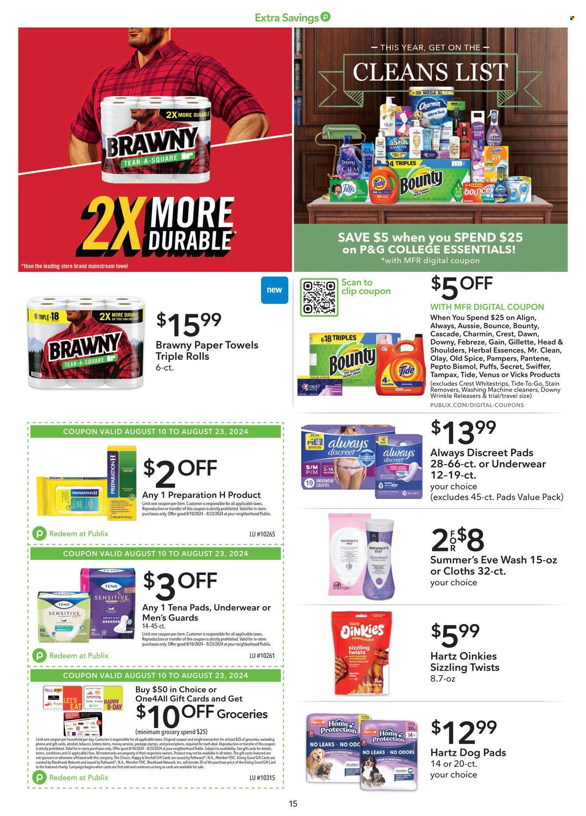 thumbnail - Publix Flyer - 08/10/2024 - 08/23/2024 - Sales products - puffs, Bounty, Pampers, kitchen towels, paper towels, Charmin, Febreze, Gain, cleaner, stain remover, Swiffer, Cascade, Tide, Bounce, Old Spice, hair products, Crest, teeth whitening, Tampax, Always pads, sanitary pads, Tena Lady, Always Discreet, Olay, Head & Shoulders, Pantene, Herbal Essences, Gillette, Venus, Vicks, Pepto-bismol, antinauseant product. Page 15.