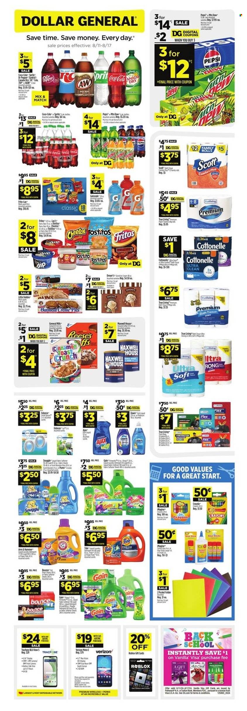 thumbnail - Dollar General Flyer - 08/11/2024 - 08/17/2024 - Sales products - Scott, pie, ginger, dip, Reese's, General Mills, Doritos, Fritos, Cheetos, Lay’s, Tostitos, salty snack, ARM & HAMMER, Canada Dry, Coca-Cola, ginger ale, Mountain Dew, Sprite, Pepsi, soft drink, Gatorade, electrolyte drink, carbonated soft drink, Maxwell House, bath tissue, Cottonelle, Febreze, Gain, Snuggle, Tide, fabric softener, Bounce, Purex, crayons, folder, wax crayons, fishing rod, Penn. Page 1.