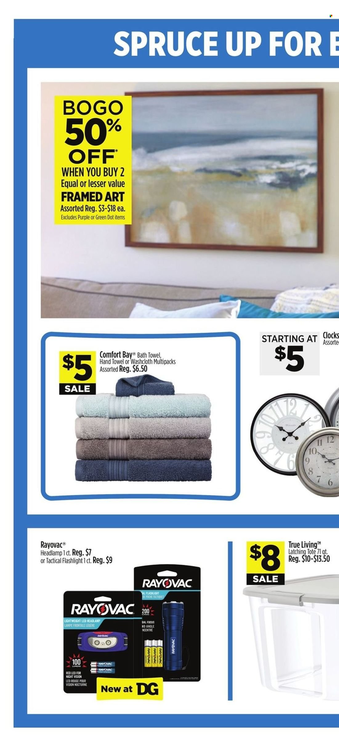 thumbnail - Dollar General Flyer - 08/11/2024 - 08/17/2024 - Sales products - framed art, tote, hand towel, clock, bath towel, towel, washcloth, flashlight, headlamp. Page 8.