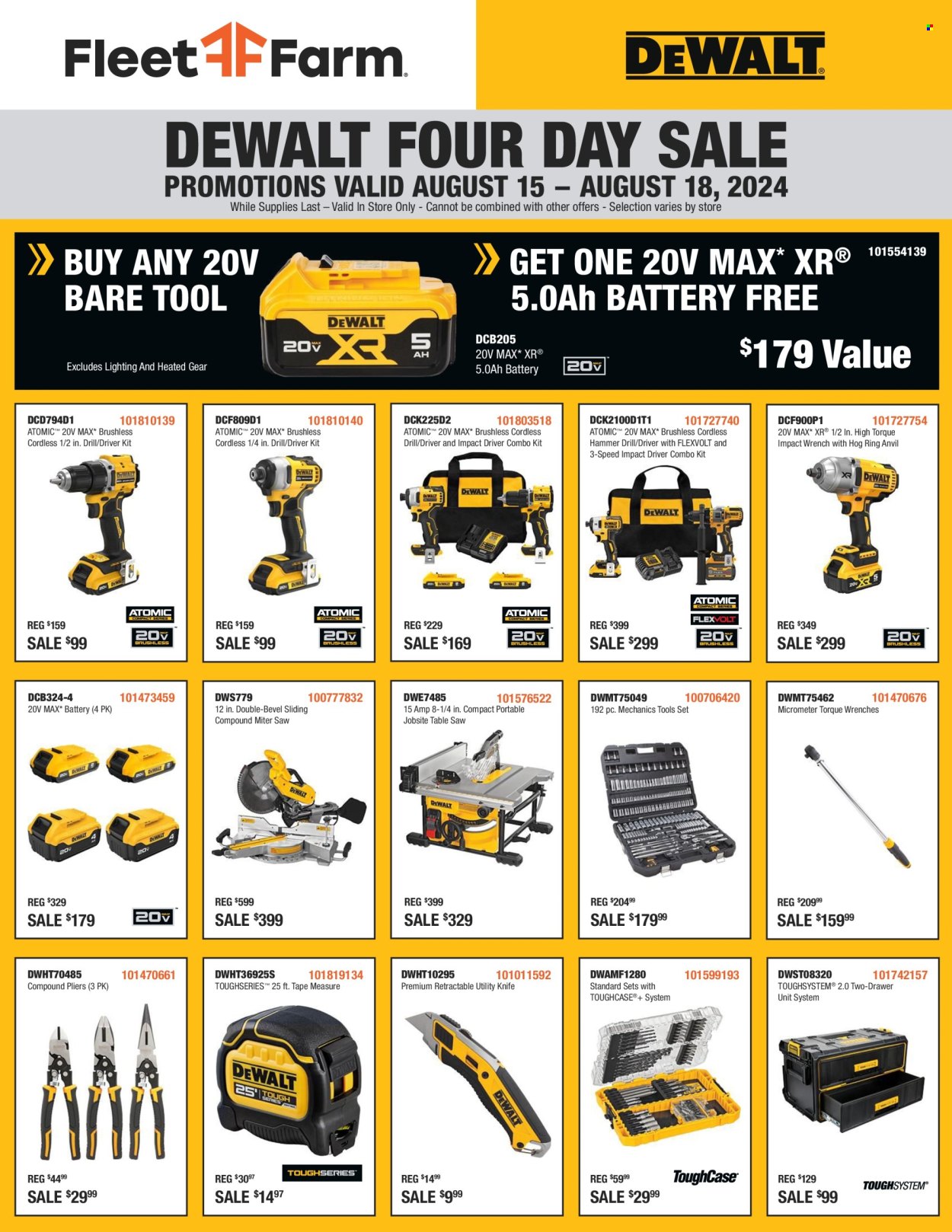 thumbnail - Fleet Farm Flyer - 08/15/2024 - 08/18/2024 - Sales products - DeWALT, lighting, drill, impact driver, wrench, hammer drill, impact wrench, table saw, pliers, combo kit, torque wrench, measuring tape, mechanic's tools, utility knife. Page 1.