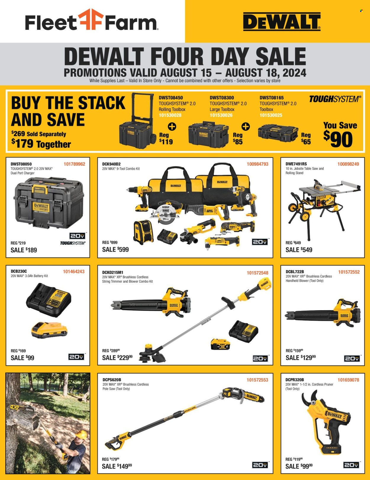 thumbnail - Fleet Farm Flyer - 08/15/2024 - 08/18/2024 - Sales products - DeWALT, trimmer, table saw, string trimmer, tree pruner, tool box, combo kit. Page 2.