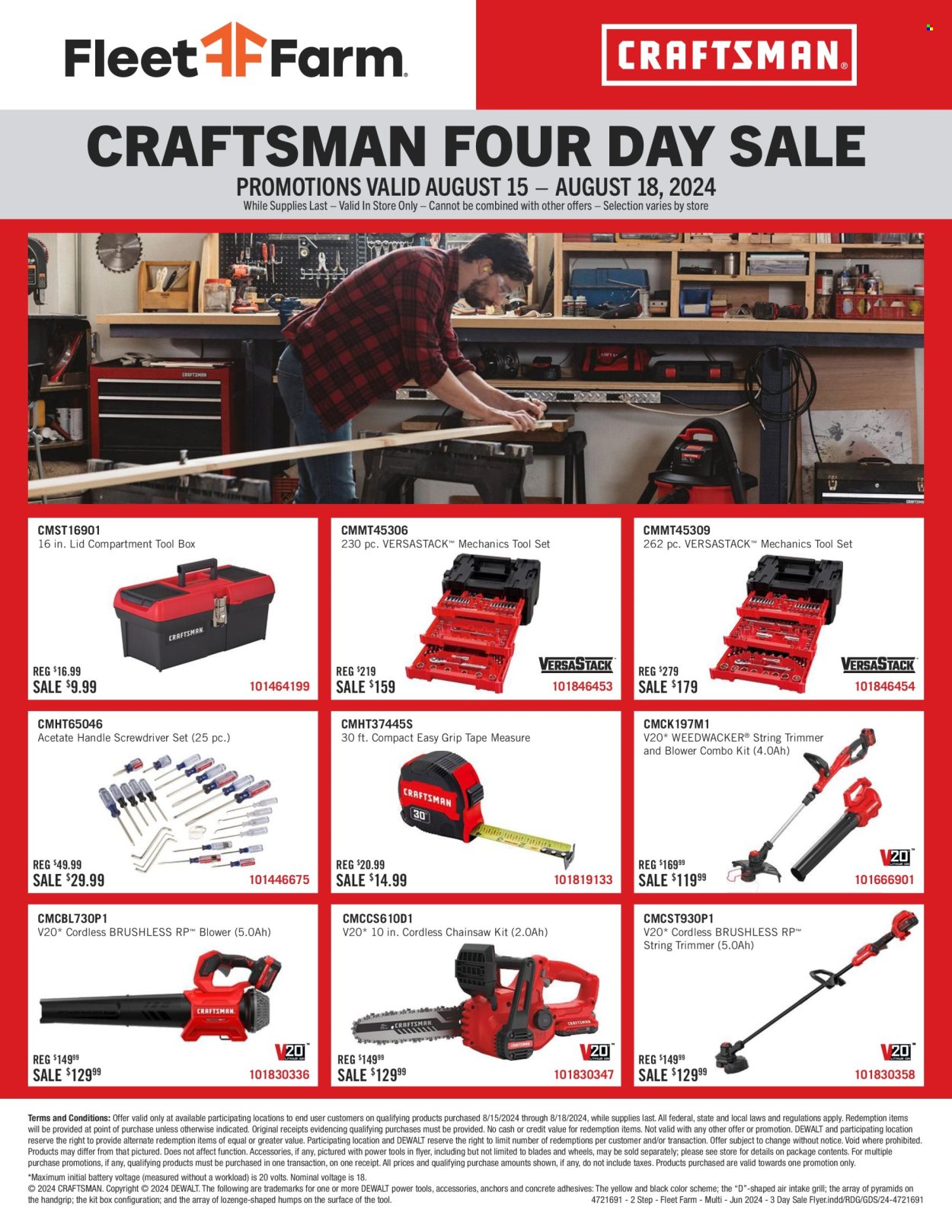 thumbnail - Fleet Farm Flyer - 08/15/2024 - 08/18/2024 - Sales products - DeWALT, lid, trimmer, screwdriver, power tools, Craftsman, chain saw, string trimmer, tool box, combo kit, tool set, screwdriver set, measuring tape, mechanic's tools, grill. Page 2.