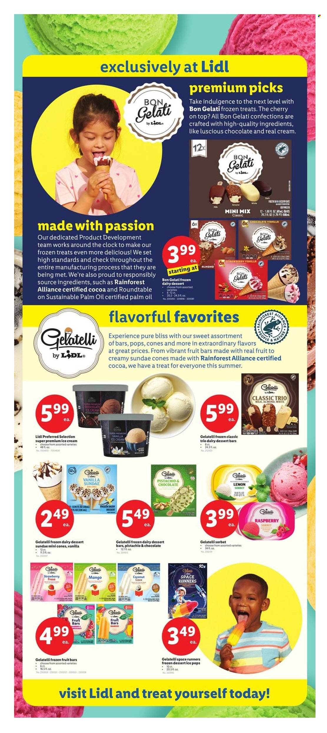 thumbnail - Lidl Flyer - 08/14/2024 - 08/20/2024 - Sales products - lemons, snack bar, milk, ice cream bars, fruit bar, sorbet, frozen dessert, frozen fruit, cocoa, palm oil, oil, clock, palm. Page 4.