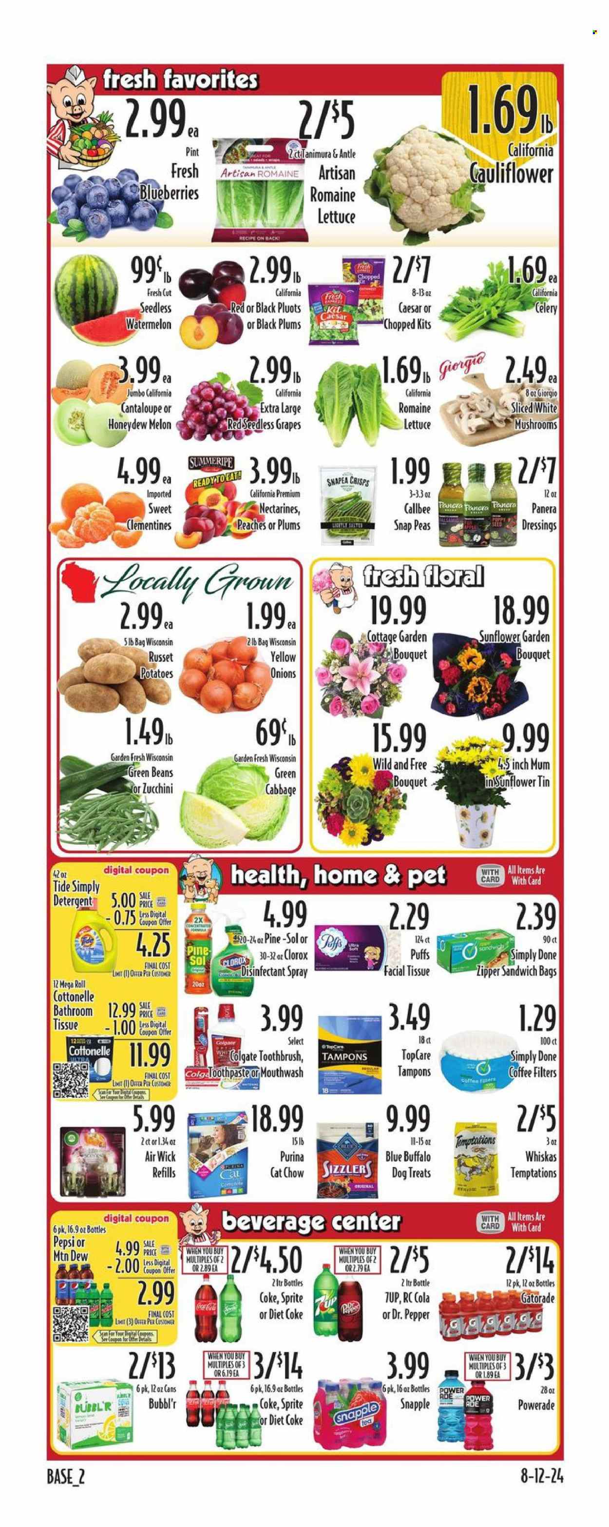 thumbnail - Piggly Wiggly Flyer - 08/14/2024 - 08/20/2024 - Sales products - puffs, cabbage, cantaloupe, cauliflower, green beans, russet potatoes, snap peas, zucchini, onion, sliced vegetables, romaine lettuce, blueberries, grapes, nectarines, watermelon, plums, melons, black plums, peaches, pluots, crisps, dressing, Coca-Cola, Mountain Dew, Sprite, Powerade, Pepsi, energy drink, ice tea, Dr. Pepper, Diet Coke, soft drink, 7UP, Snapple, Gatorade, Coke, electrolyte drink, antioxidant drink, sparkling water, carbonated soft drink, clementines. Page 2.