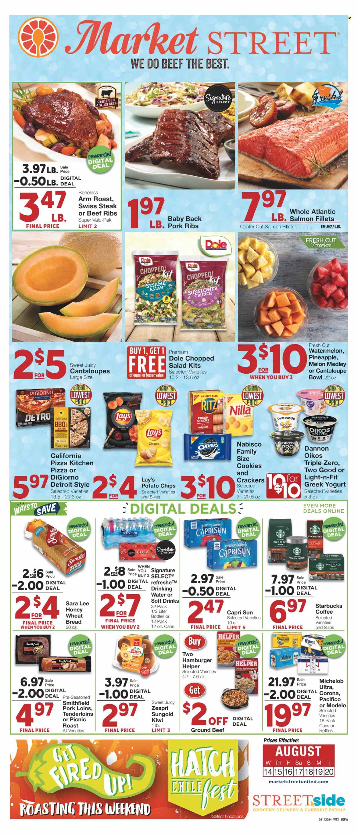 thumbnail - Market Street Flyer - 08/14/2024 - 08/20/2024 - Sales products - bread, wheat bread, Sara Lee, salad, Dole, chopped salad, melons, fish fillets, salmon, salmon fillet, macaroni, pasta, ready meal, Beef Stroganoff, greek yoghurt, Oreo, yoghurt, Oikos, Dannon, cookies, wafers, crackers, RITZ, Nabisco, potato chips, chips, Lay’s, Capri Sun, fruit drink, soft drink, water, coffee, Starbucks, beer, Corona Extra, Modelo, chicken, beef meat, beef ribs, steak, ribs, pork meat, pork ribs, pork back ribs, bowl, Michelob. Page 1.