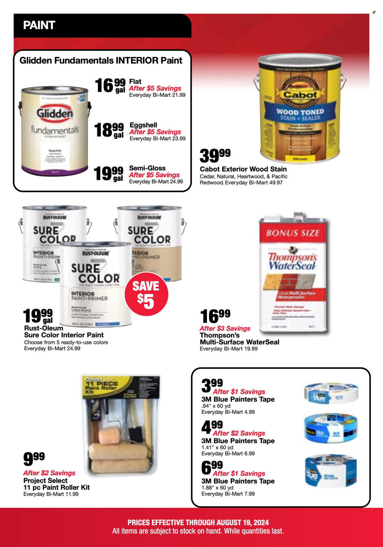 thumbnail - Bi-Mart Flyer - 08/13/2024 - 08/19/2024 - Sales products - Sure, roller, paint, wood stain, Thompson's. Page 7.