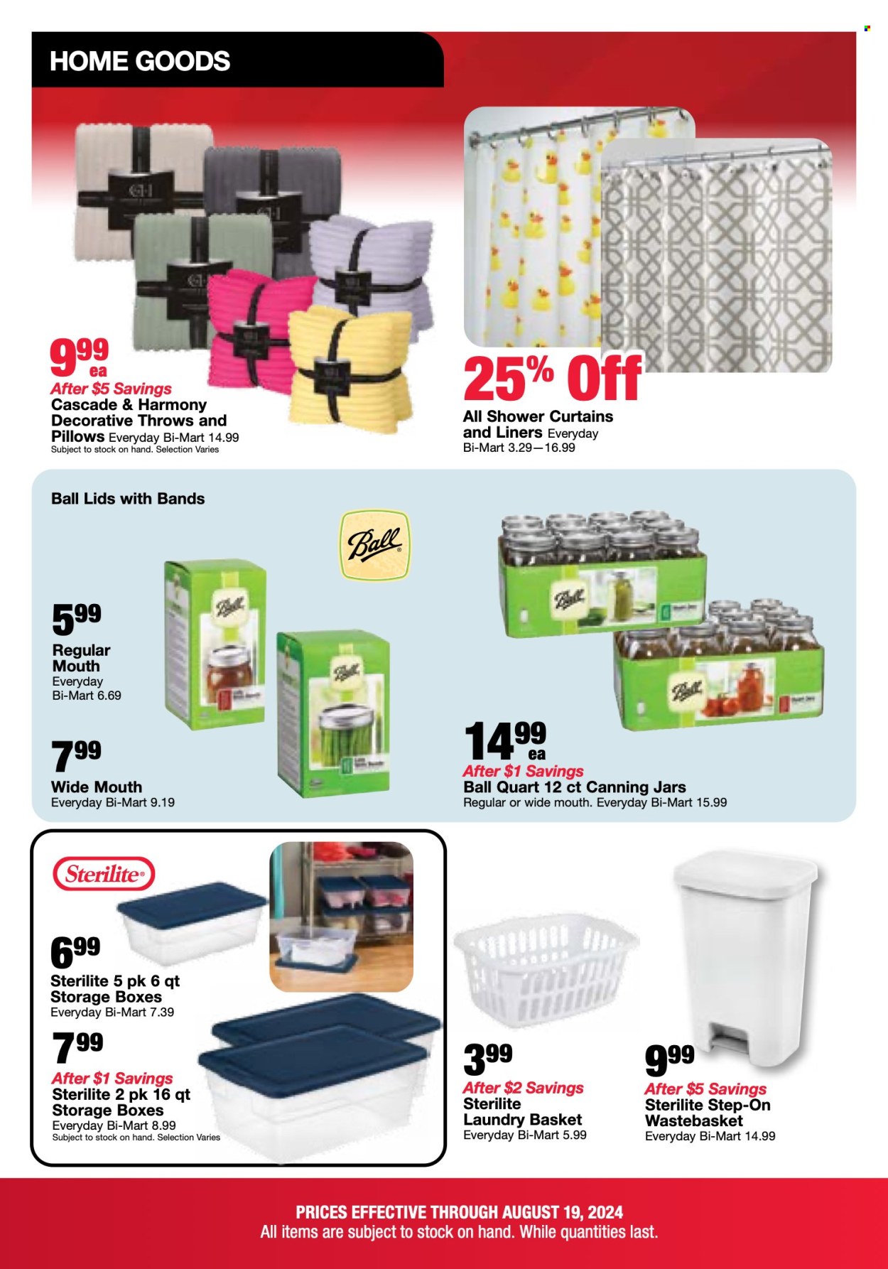 thumbnail - Bi-Mart Flyer - 08/13/2024 - 08/19/2024 - Sales products - storage box, Cascade, trash can, laundry basket, shower curtain, jar, canning jar, blanket, curtain. Page 9.