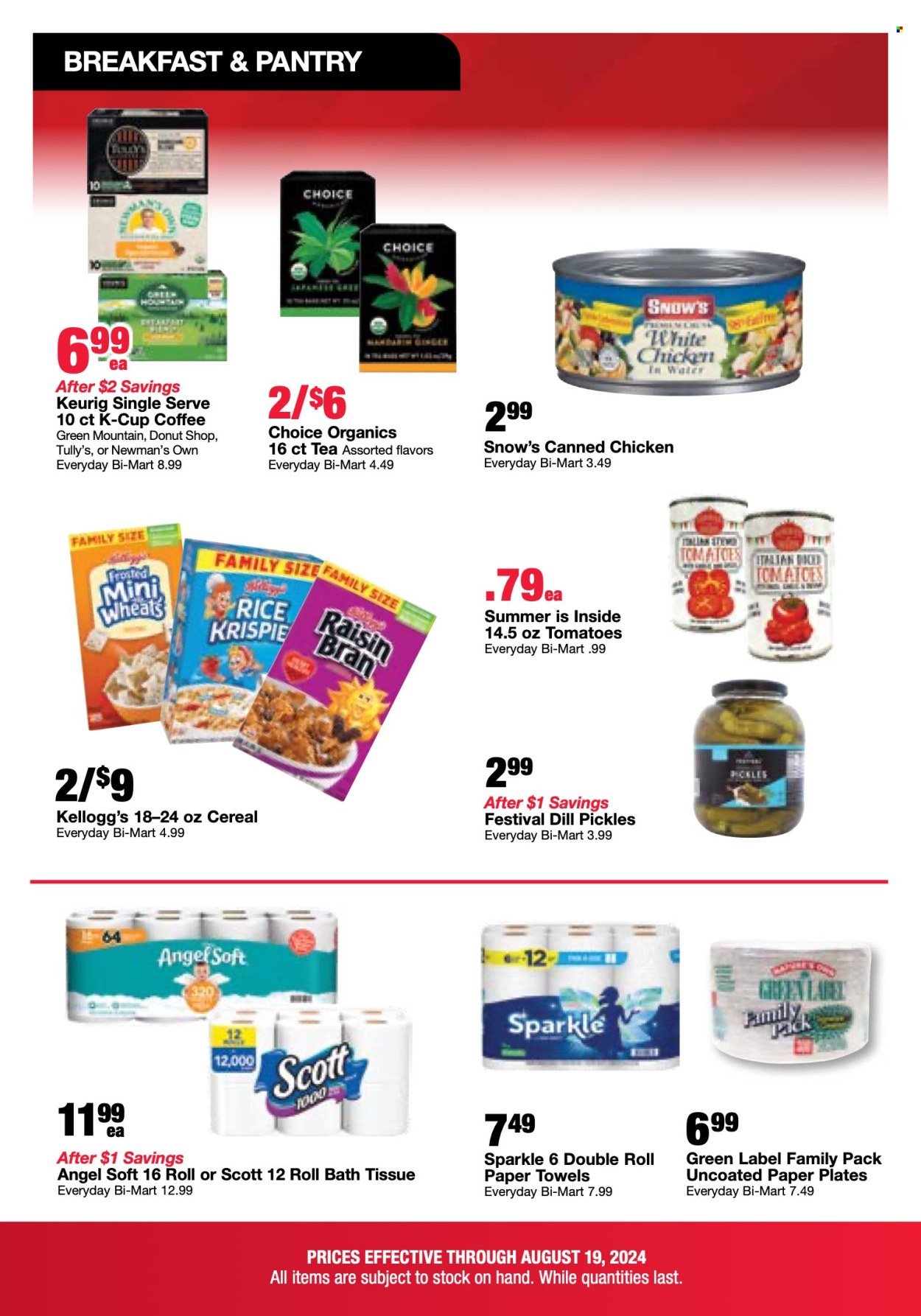 thumbnail - Bi-Mart Flyer - 08/13/2024 - 08/19/2024 - Sales products - rice squares, Kellogg's, pickles, diced tomatoes, canned meat, pickled vegetables, cereals, Raisin Bran, rice, tea, coffee, coffee capsules, K-Cups, Keurig, Green Mountain, bath tissue, Scott, kitchen towels, paper towels, label, plate, paper plate. Page 17.