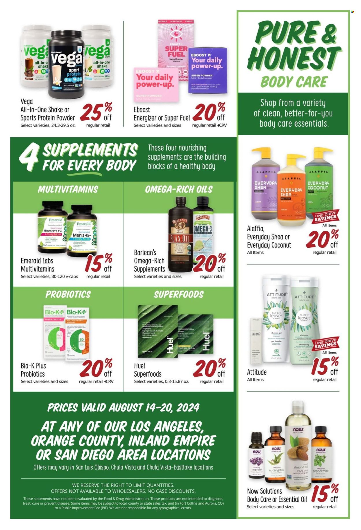 thumbnail - Sprouts Flyer - 08/14/2024 - 08/20/2024 - Sales products - shake, almond oil, body wash, shampoo, shower gel, body care, cap, building blocks, multivitamin, probiotics, Omega-3, whey protein, dietary supplement, vitamins. Page 13.