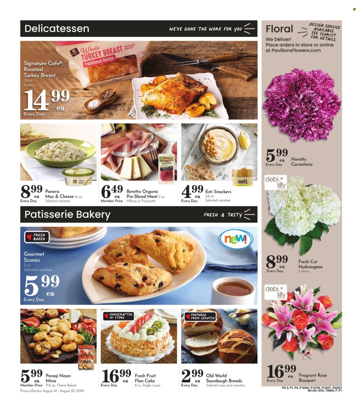 thumbnail - Pavilions Flyer - 08/14/2024 - 08/20/2024 - Sales products - bread, cake, indian bread, naan bread, scones, pastries, mac and cheese, ready meal, ham, turkey ham, sliced meat, whole turkey breast, bouquet, rose, flowers, hydrangea, carnation. Page 3.