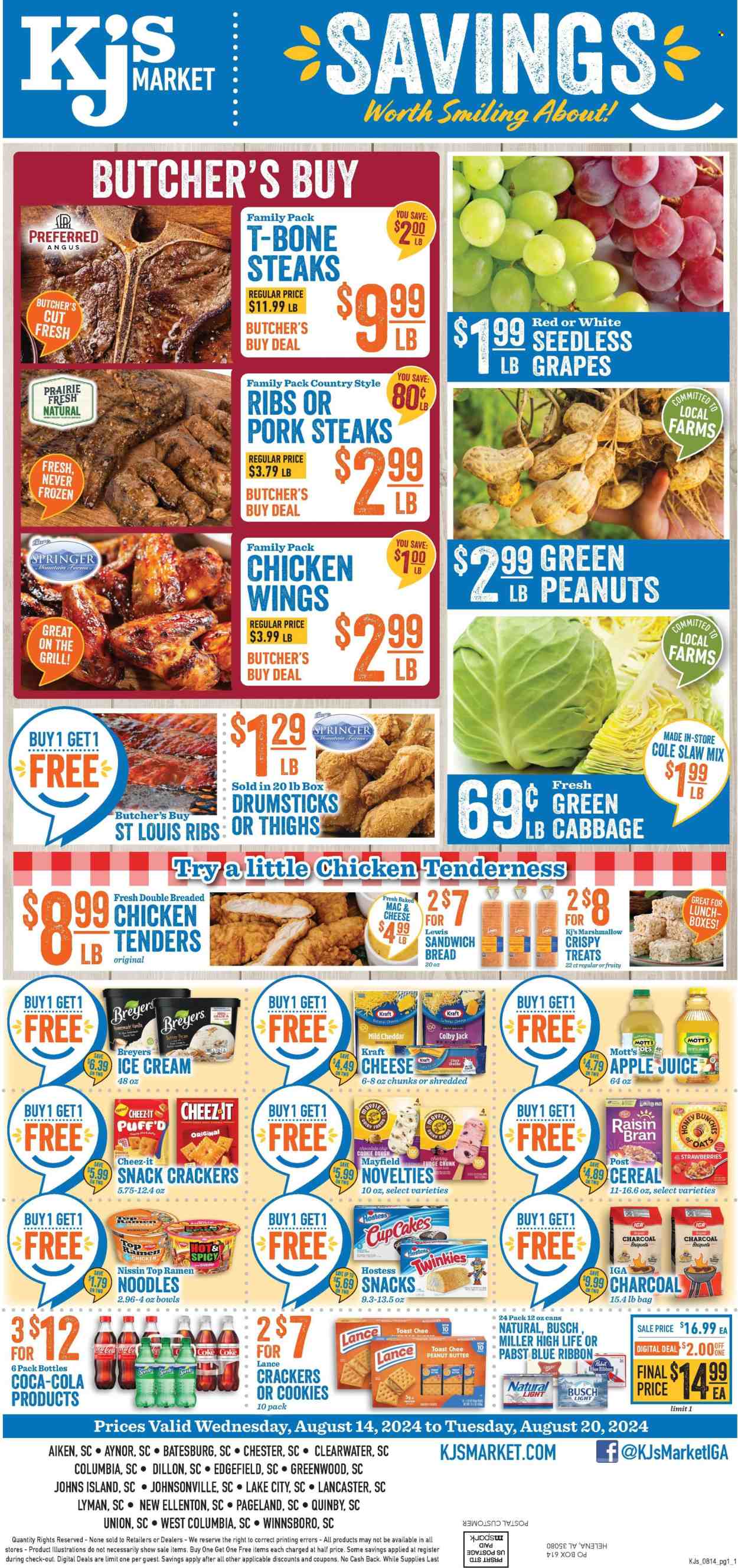 thumbnail - KJ´s Market Flyer - 08/14/2024 - 08/20/2024 - Sales products - bread, cabbage, coleslaw, grapes, strawberries, Mott's, seafood, shrimps, mac and cheese, ramen, snack, Top Ramen, noodles, Kraft®, Nissin, Johnsonville, Colby cheese, mild cheddar, cheese, chicken wings, marshmallows, crackers, Cheez-It, salty snack, cereals, Raisin Bran, peanuts, apple juice, Coca-Cola, Sprite, juice, soft drink, Coke, carbonated soft drink, beer, Busch, Pabst Blue Ribbon, Pabst, chicken, beef meat, beef steak, t-bone steak, steak, ribs, pork chops, pork meat, pork ribs, country style ribs, grill, briquettes, bunches. Page 1.