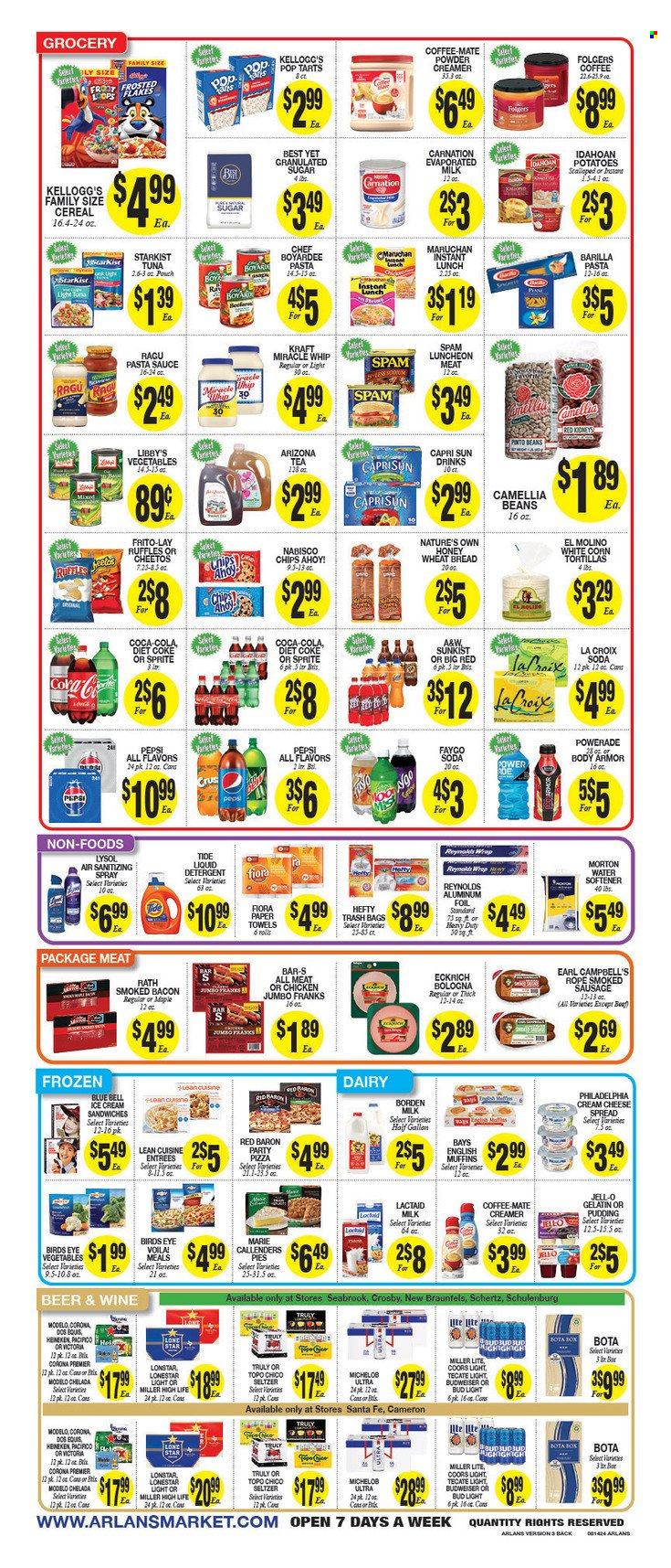 thumbnail - Arlan's Market Flyer - 08/14/2024 - 08/20/2024 - Sales products - bread, corn tortillas, english muffins, tortillas, wheat bread, pie, tuna, StarKist, Campbell's, mashed potatoes, pizza, pasta sauce, Bird's Eye, Barilla, Lean Cuisine, Kraft®, spaghetti sauce, ready meal, smoked sausage, frankfurters, cheese spread, Spam, lunch meat, Lactaid, Philadelphia, pudding, Coffee-Mate, evaporated milk, creamer, mayonnaise, Miracle Whip, ice cream, ice cream sandwich, Blue Bell, frozen vegetables, Red Baron, cookies, Kellogg's, Pop-Tarts, Chips Ahoy!, Nabisco, Cheetos, Frito-Lay, Ruffles, salty snack, granulated sugar, sugar, Jell-O, canned tuna, canned vegetables, light tuna, Chef Boyardee, canned fish, ragu, Capri Sun, Coca-Cola, Sprite, Powerade, Pepsi, Body Armor, energy drink, fruit drink, ice tea, Diet Coke, soft drink, AriZona, A&W, Coke, electrolyte drink, seltzer water, soda, carbonated soft drink, Folgers, Hard Seltzer, TRULY, beer, Budweiser, Bud Light, Corona Extra, Heineken, Modelo, Topo Chico, kitchen towels, paper towels, detergent, Lysol, Tide, liquid detergent, laundry detergent, Hefty, trash bags, Nature's Own, Miller Lite, Coors, Dos Equis, Michelob. Page 2.