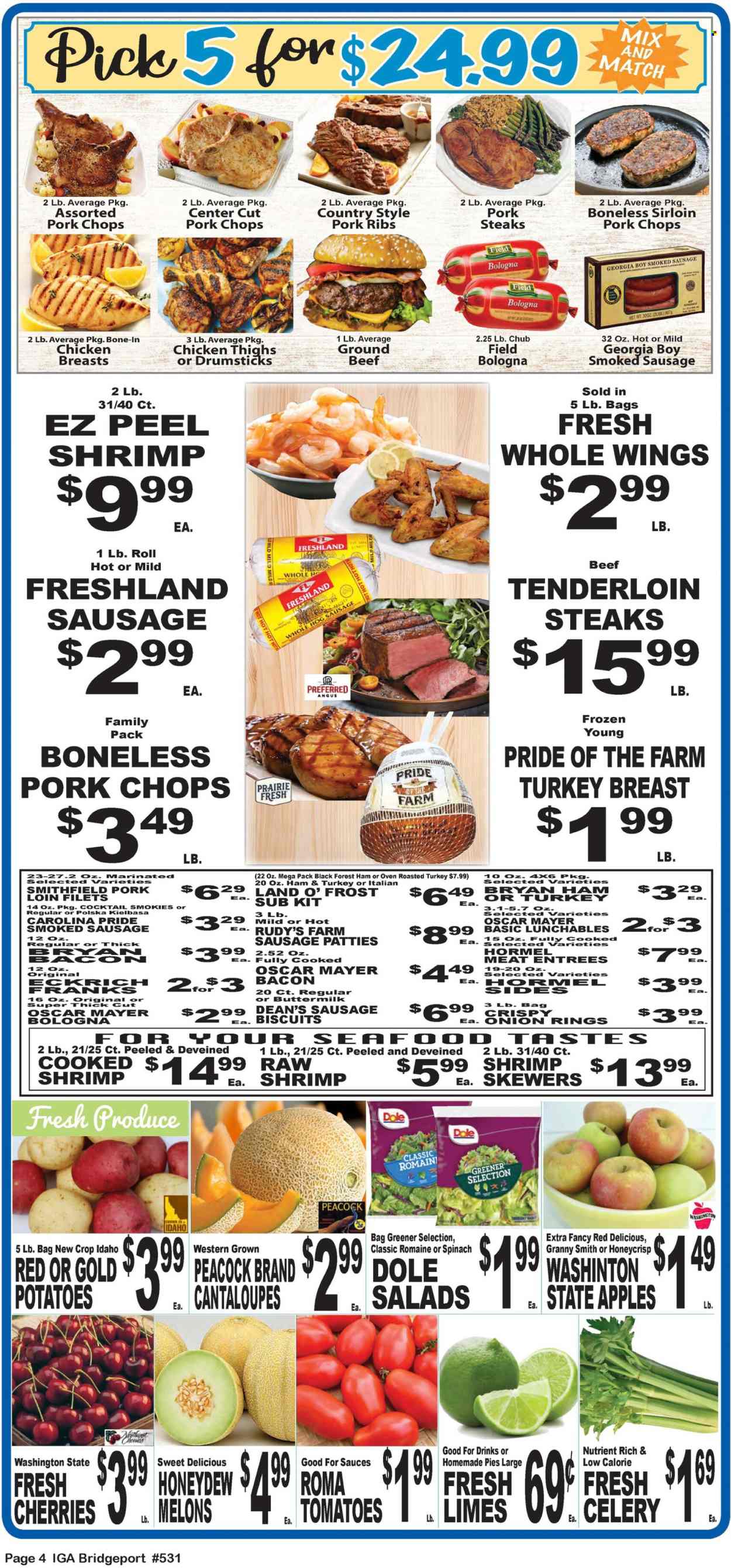 thumbnail - IGA Flyer - 08/14/2024 - 08/20/2024 - Sales products - pie, cantaloupe, celery, salad greens, spinach, tomatoes, potatoes, salad, Dole, limes, Red Delicious apples, honeydew, cherries, melons, Granny Smith, seafood, shrimps, onion rings, snack, Lunchables, Hormel, bacon, turkey breast, ham, chicken breasts, Oscar Mayer, Bryan, sausage, smoked sausage, kielbasa, frankfurters, biscuit, chicken thighs, chicken drumsticks, turkey, beef meat, ground beef, steak, beef tenderloin, sausage patties, pork chops, pork loin, pork meat, pork ribs. Page 3.