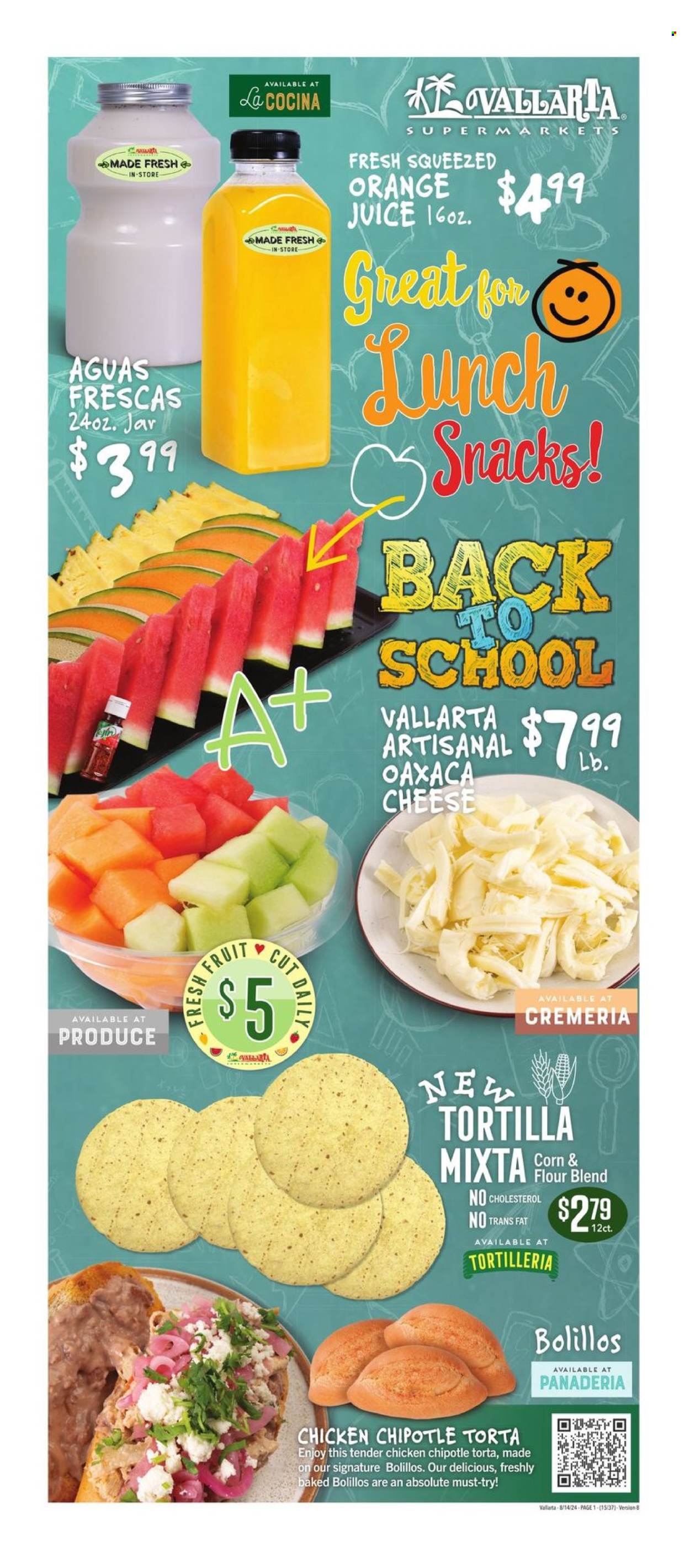 thumbnail - Vallarta Flyer - 08/14/2024 - 08/20/2024 - Sales products - tortillas, corn, chicken, snack, cheese, juice, fruit drink, Absolute. Page 1.