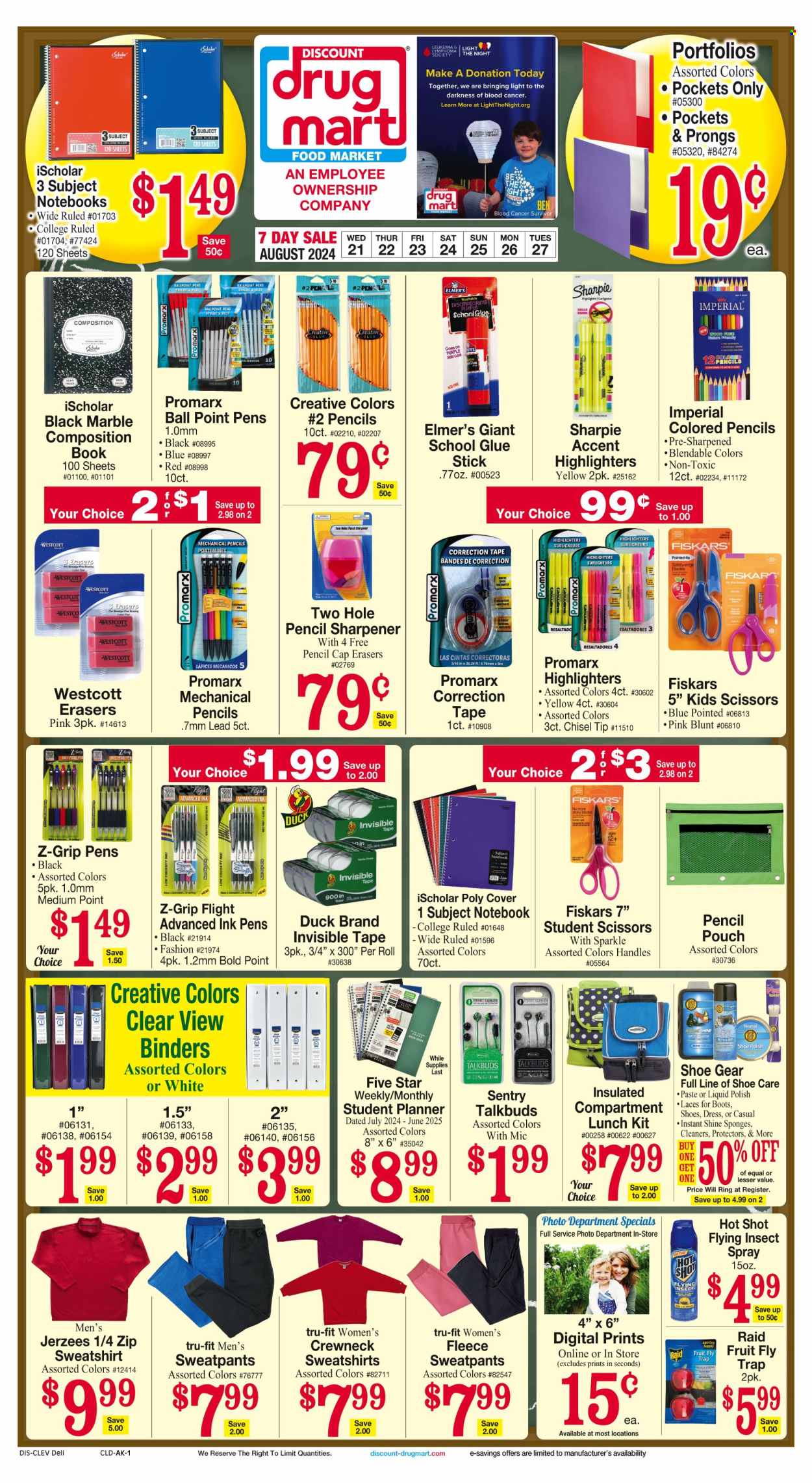 thumbnail - Discount Drug Mart Flyer - 08/21/2024 - 08/27/2024 - Sales products - water, poultry meat, cleaner, sponge, repellent, insecticide, Raid, polish, highlighters, Fiskars, sharpener, glue, glue stick, diary, pen, scissors, eraser, ball pen, Sharpie, memo book, spiral notebook, colored pencil, correction tape, earbuds. Page 1.