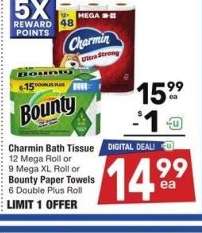 Charmin Bath Tissue 12 Mega Roll or 9 Mega XL Roll or Bounty Paper Towels 6 Double Plus Roll