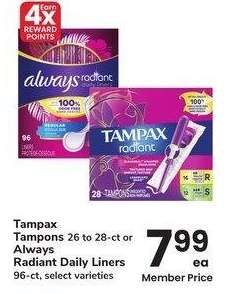 Tampax Tampons 26 to 28-ct or Always Radiant Daily Liners 96-ct - select varieties