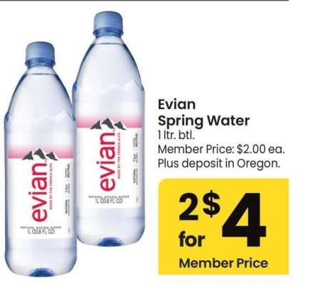 Evian Spring Water - 1 ltr. btl. Member Price: $2.00 ea.