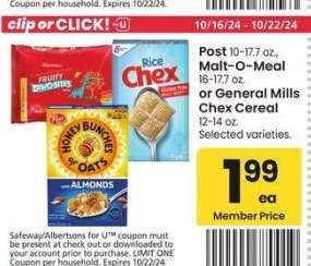 Post 10-17.7 oz., Malt-O-Meal 16-17.7 oz. or General Mills Chex Cereal 12-14 oz. - Selected varieties.