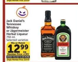 Jack Daniel's Tennessee Whiskey or Jägermeister Herbal Liqueur - 750 ml.
Selected varieties
Mix or Match
Single Member Price: $14.43