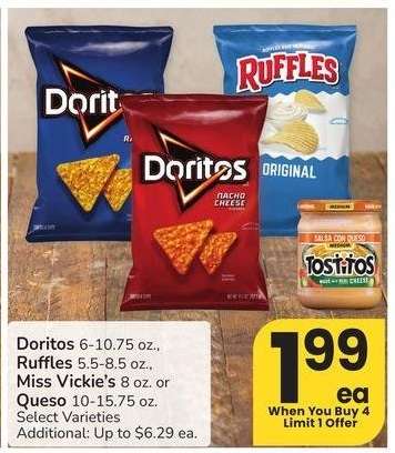 Doritos 6-10.75 oz., Ruffles 5.5-8.5 oz., Miss Vickie's 8 oz. or Queso 10-15.75 oz. - Select Varieties