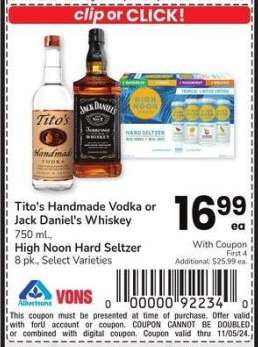 Tito's Handmade Vodka or Jack Daniel's Whiskey 750 ml., High Noon Hard Seltzer 8 pk. - Select Varieties