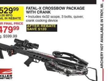 FATAL-X CROSSBOW PACKAGE WITH CRANK - • Includes 4x32 scope, 3 bolts, quiver, crank cocking device