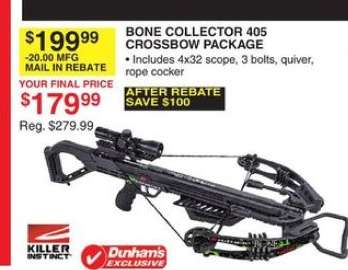 KILLER INSTINCT BONE COLLECTOR 405 CROSSBOW PACKAGE - • Includes 4x32 scope, 3 bolts, quiver, rope cocker