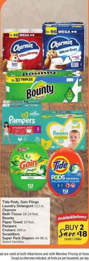 Tide Pods, Gain Flings Laundry Detergent 112 ct., Charmin Bath Tissue 18-24 Roll, Bounty Paper Towel 10 Roll, Pampers Cruisers 360 or Swaddlers Super Pack Diapers 44-96 ct. - Select Varieties