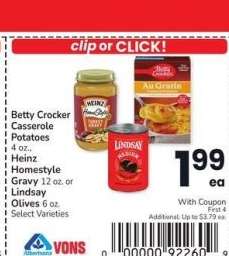 Betty Crocker Casserole Potatoes 4 oz., Heinz Homestyle Gravy 12 oz. or Lindsay Olives 6 oz. - Select Varieties