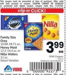 Oreo 10.68-18.71 oz., Honey Maid 12.2-14.4 oz. or Nilla Wafers 11 oz. - Select Varieties
Family Size