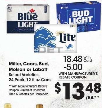 Miller, Coors, Bud, Molson or Labatt - Select Varieties, 24-Pack,
12 fl oz Cans