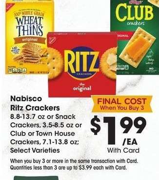 Nabisco Ritz Crackers - 8.8-13.7 oz or Snack Crackers,
3.5-8.5 oz or Club or Town House Crackers, 7.1-13.8 oz;
Select Varieties