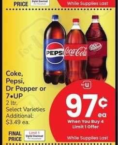 Coke, Pepsi, Dr Pepper or 7 • UP - 2 ltr. Select Varieties