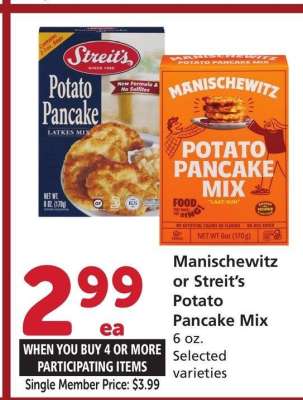 Manischewitz or Streit's Potato Pancake Mix - 6 oz.
Selected
varieties
Single Member Price: $1.79

Selected varieties. Mix or match on four or more participating items in a Single transaction With Membership.