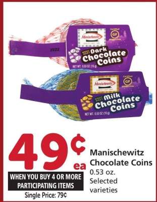 Manischewitz Chocolate Coins - 0.53 oz. Selected varieties
Single Price: 79¢

Selected varieties. Mix or match on four or more participating items in a Single transaction With Membership.