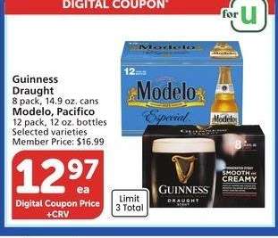 Guinness Draught 8 pack, 14.9 oz. cans Modelo, Pacifico 12 pack, 12 oz. bottles - Selected varieties Member Price: $16.99